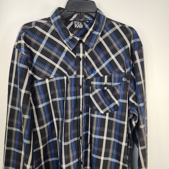 Volcom Mens Shirt Size XL Plaid Casual Button Down Black Blue Long Sleeve Pocket - Picture 3 of 10
